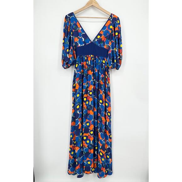 STAUD Affogato Maxi Dress V-Neck Balloon Sleeve Fruit Print Belted, Blue NWT - Picture 7 of 16